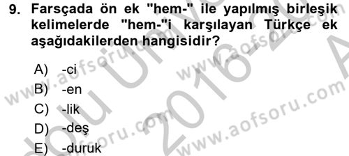 Osmanlı Türkçesine Giriş 2 Dersi 2016 - 2017 Yılı (Vize) Ara Sınav Soruları 9. Soru