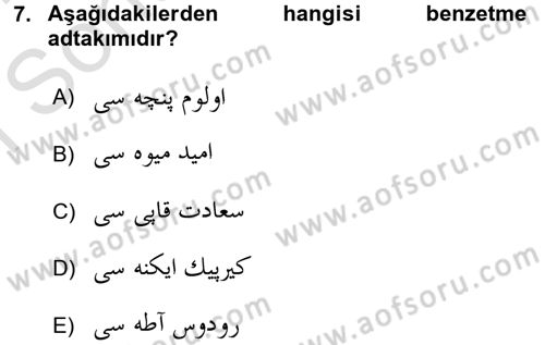 Osmanlı Türkçesine Giriş 2 Dersi 2016 - 2017 Yılı (Final) Dönem Sonu Sınav Soruları 7. Soru