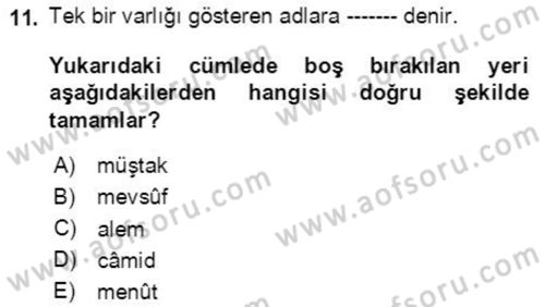 Osmanlı Türkçesine Giriş 2 Dersi 2020 - 2021 Yılı Yaz Okulu Sınavı 11. Soru