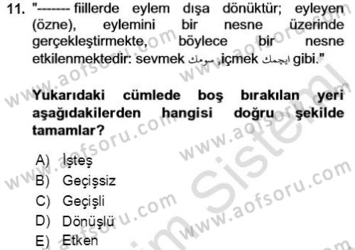 Osmanlı Türkçesine Giriş 2 Dersi 2021 - 2022 Yılı (Final) Dönem Sonu Sınav Soruları 11. Soru