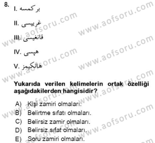 Osmanlı Türkçesine Giriş 2 Dersi 2021 - 2022 Yılı (Final) Dönem Sonu Sınav Soruları 8. Soru