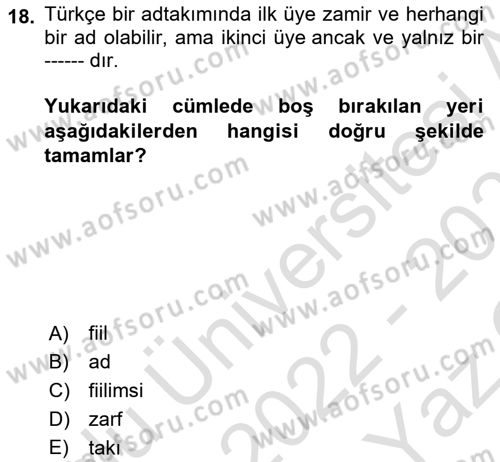 Osmanlı Türkçesine Giriş 2 Dersi 2022 - 2023 Yılı Yaz Okulu Sınav Soruları 18. Soru