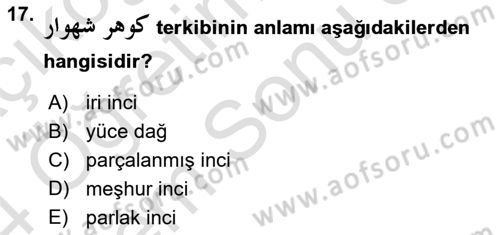 Osmanlı Türkçesine Giriş 2 Dersi 2023 - 2024 Yılı (Final) Dönem Sonu Sınav Soruları 17. Soru