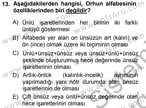 Orhun Türkçesi Dersi Ara Sınavı Deneme Sınav Soruları 13. Soru