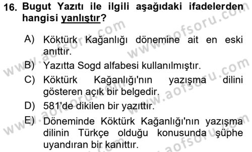 Orhun Türkçesi Dersi Ara Sınavı Deneme Sınav Soruları 16. Soru