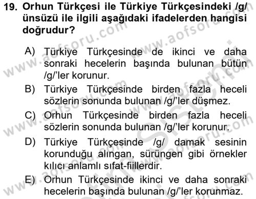 Orhun Türkçesi Dersi 2017 - 2018 Yılı (Vize) Ara Sınavı 19. Soru