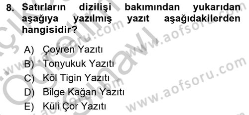 Orhun Türkçesi Dersi 2018 - 2019 Yılı Yaz Okulu Sınav Soruları 8. Soru
