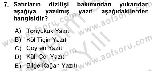 Orhun Türkçesi Dersi 2020 - 2021 Yılı Yaz Okulu Sınav Soruları 7. Soru