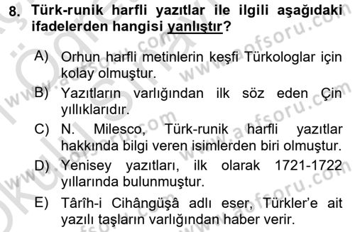 Orhun Türkçesi Dersi 2020 - 2021 Yılı Yaz Okulu Sınav Soruları 8. Soru