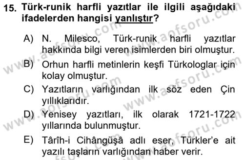 Orhun Türkçesi Dersi 2021 - 2022 Yılı (Vize) Ara Sınav Soruları 15. Soru
