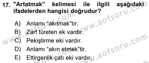 Orhun Türkçesi Dersi Ara Sınavı Deneme Sınav Soruları 17. Soru