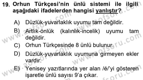 Orhun Türkçesi Dersi 2021 - 2022 Yılı (Vize) Ara Sınav Soruları 19. Soru