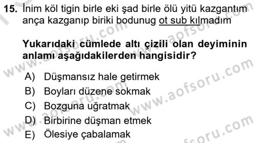 Orhun Türkçesi Dersi 2021 - 2022 Yılı (Final) Dönem Sonu Sınavı 15. Soru