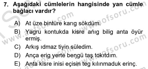 Orhun Türkçesi Dersi 2021 - 2022 Yılı (Final) Dönem Sonu Sınavı 7. Soru