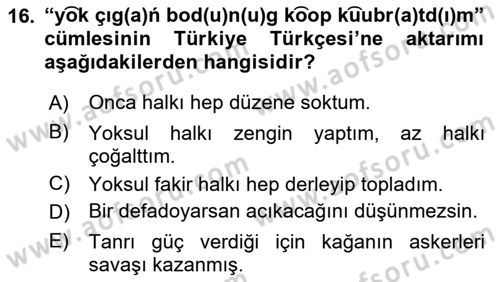 Orhun Türkçesi Dersi 2021 - 2022 Yılı Yaz Okulu Sınavı 16. Soru