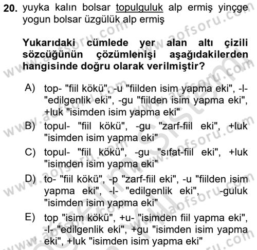 Orhun Türkçesi Dersi 2021 - 2022 Yılı Yaz Okulu Sınavı 20. Soru