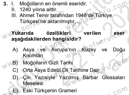 Orhun Türkçesi Dersi 2021 - 2022 Yılı Yaz Okulu Sınavı 3. Soru