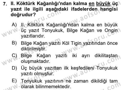 Orhun Türkçesi Dersi 2021 - 2022 Yılı Yaz Okulu Sınavı 7. Soru