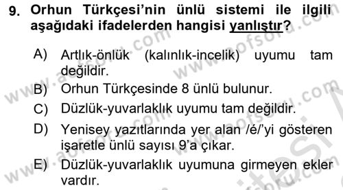 Orhun Türkçesi Dersi 2021 - 2022 Yılı Yaz Okulu Sınavı 9. Soru