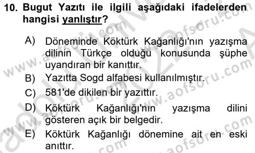 Orhun Türkçesi Dersi Ara Sınavı Deneme Sınav Soruları 10. Soru