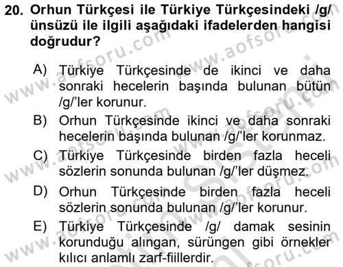 Orhun Türkçesi Dersi Ara Sınavı Deneme Sınav Soruları 20. Soru