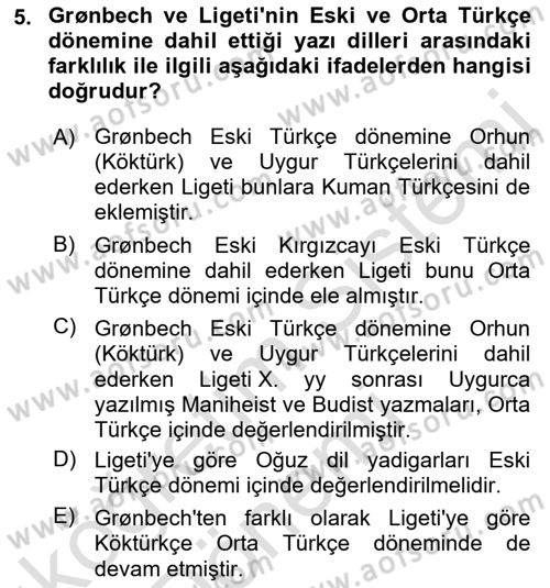Orhun Türkçesi Dersi Ara Sınavı Deneme Sınav Soruları 5. Soru