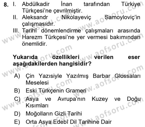 Orhun Türkçesi Dersi Ara Sınavı Deneme Sınav Soruları 8. Soru