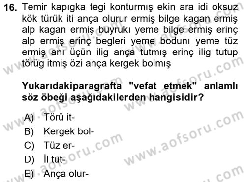 Orhun Türkçesi Dersi 2022 - 2023 Yılı (Final) Dönem Sonu Sınav Soruları 16. Soru