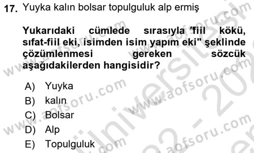 Orhun Türkçesi Dersi 2022 - 2023 Yılı (Final) Dönem Sonu Sınav Soruları 17. Soru