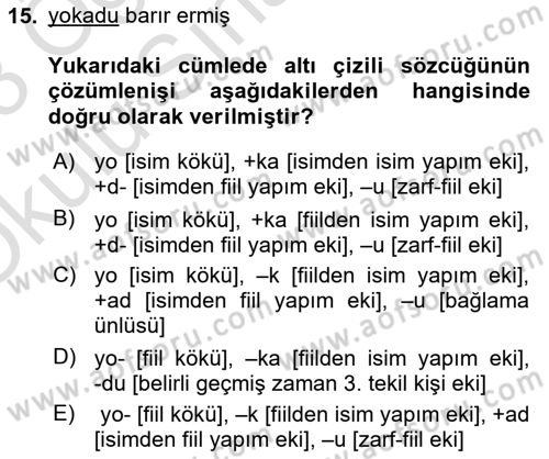 Orhun Türkçesi Dersi 2022 - 2023 Yılı Yaz Okulu Sınav Soruları 15. Soru