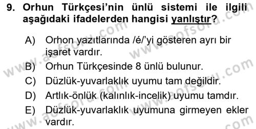 Orhun Türkçesi Dersi 2022 - 2023 Yılı Yaz Okulu Sınav Soruları 9. Soru