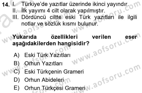 Orhun Türkçesi Dersi Ara Sınavı Deneme Sınav Soruları 14. Soru