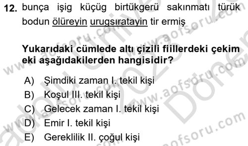 Orhun Türkçesi Dersi 2023 - 2024 Yılı (Final) Dönem Sonu Sınavı 12. Soru