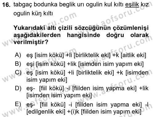 Orhun Türkçesi Dersi 2023 - 2024 Yılı (Final) Dönem Sonu Sınavı 16. Soru