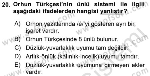 Orhun Türkçesi Dersi 2023 - 2024 Yılı (Final) Dönem Sonu Sınavı 20. Soru