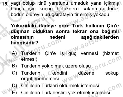Orhun Türkçesi Dersi 2023 - 2024 Yılı Yaz Okulu Sınav Soruları 15. Soru