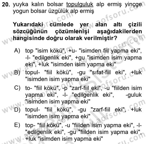 Orhun Türkçesi Dersi 2023 - 2024 Yılı Yaz Okulu Sınav Soruları 20. Soru