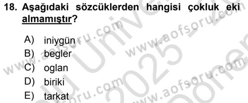 Orhun Türkçesi Dersi 2025 - 2026 Yılı (Final) Dönem Sonu Sınav Soruları 18. Soru