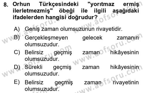 Orhun Türkçesi Dersi 2025 - 2026 Yılı (Final) Dönem Sonu Sınav Soruları 8. Soru