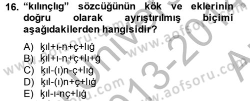 Uygur Türkçesi Dersi 2013 - 2014 Yılı (Vize) Ara Sınav Soruları 16. Soru