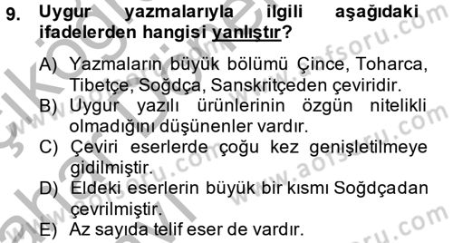 Uygur Türkçesi Dersi 2013 - 2014 Yılı (Vize) Ara Sınav Soruları 9. Soru