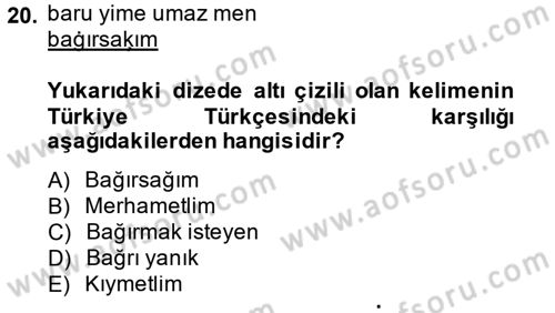 Uygur Türkçesi Dersi 2014 - 2015 Yılı (Final) Dönem Sonu Sınav Soruları 20. Soru