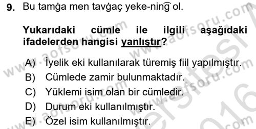 Uygur Türkçesi Dersi 2015 - 2016 Yılı (Final) Dönem Sonu Sınav Soruları 9. Soru