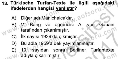 Uygur Türkçesi Dersi 2016 - 2017 Yılı (Vize) Ara Sınav Soruları 13. Soru