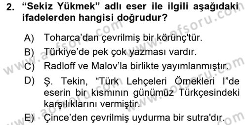 Uygur Türkçesi Dersi 2016 - 2017 Yılı (Vize) Ara Sınav Soruları 2. Soru