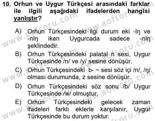 Uygur Türkçesi Dersi 2017 - 2018 Yılı (Vize) Ara Sınav Soruları 10. Soru
