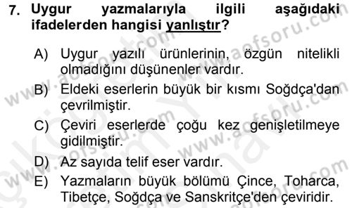 Uygur Türkçesi Dersi 2017 - 2018 Yılı (Vize) Ara Sınav Soruları 7. Soru