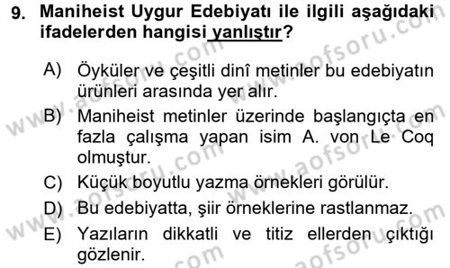 Uygur Türkçesi Dersi 2017 - 2018 Yılı (Vize) Ara Sınav Soruları 9. Soru