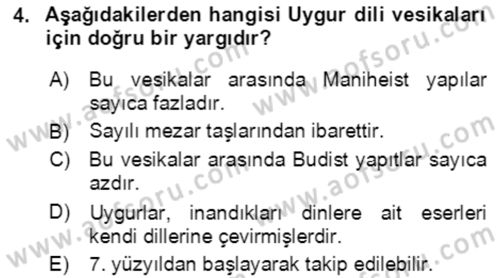 Uygur Türkçesi Dersi 2018 - 2019 Yılı (Vize) Ara Sınav Soruları 4. Soru