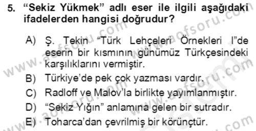 Uygur Türkçesi Dersi 2018 - 2019 Yılı (Vize) Ara Sınav Soruları 5. Soru